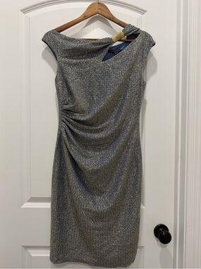 David Meister One-Shoulder Metallic Silver-Gray Sheath Dress